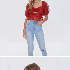 Burnt orange dot Sheer puff sleeve Women's Top